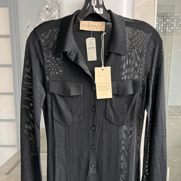 AYA MUSE Amur Mesh Button-Front Collared Maxi Dress Black - Picture 12 of 13